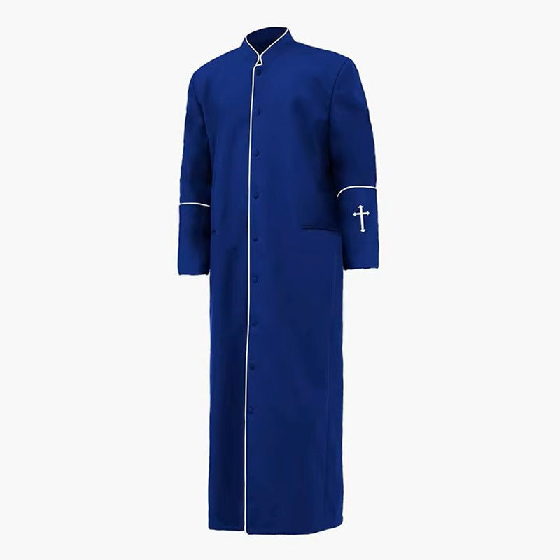 Sky blue clergy cassock robe with white trim and cross embroidery on cuffs