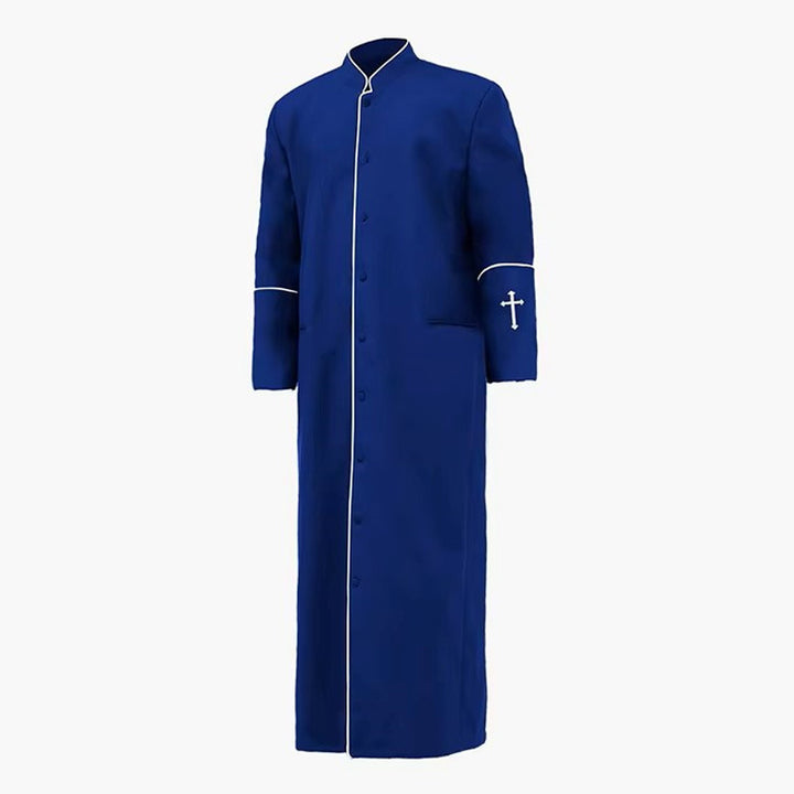 Sky blue clergy cassock robe with white trim and cross embroidery on cuffs