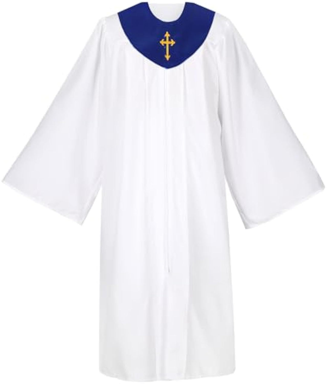 White Church Choir Robe with Black V-Neck Yoke and Gold Cross Embroidery