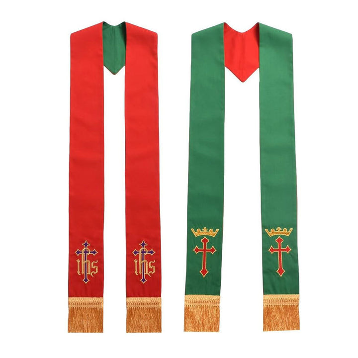 Reversible clergy stole red and green sides with IHS cross and crown embroidery and gold fringe, white background
