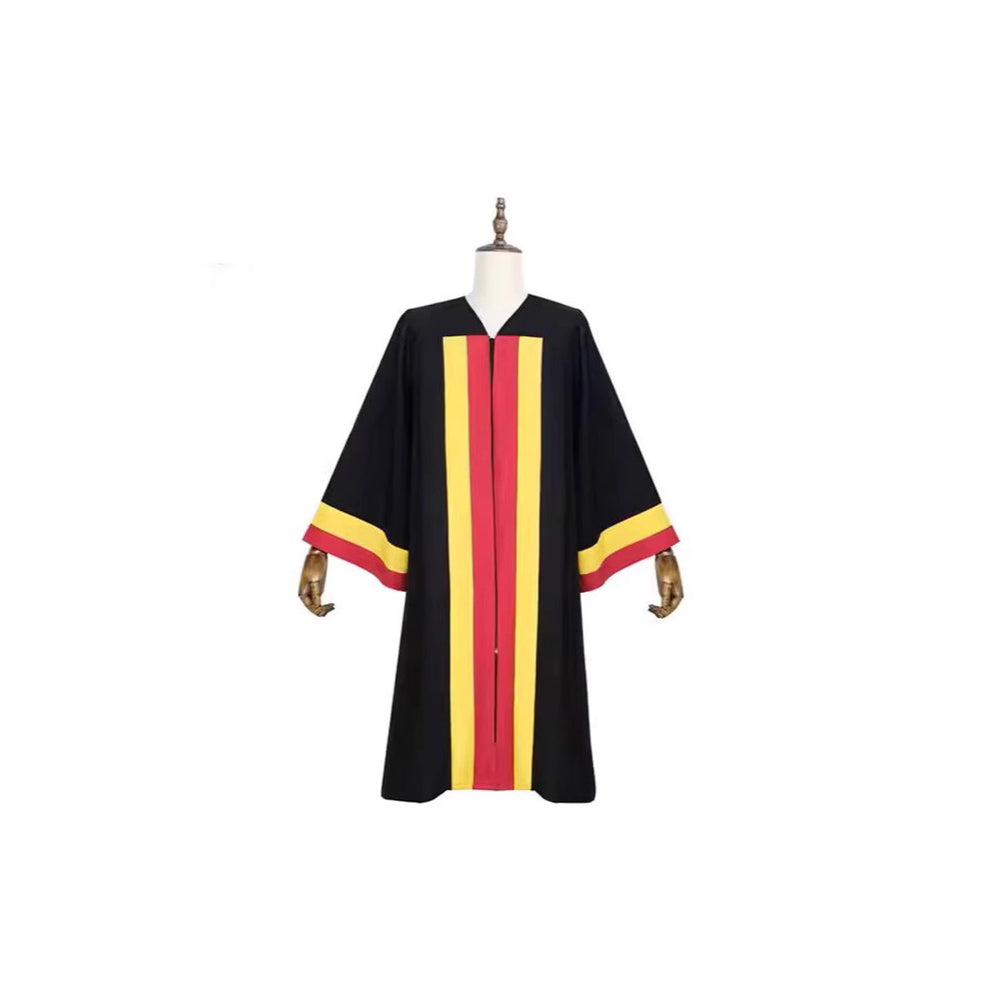 Black choir robe with red and gold vertical front stripes and matching sleeve trim, front flat view, white background