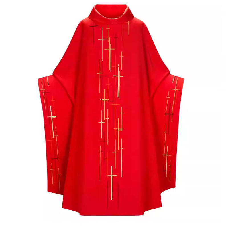 Red Catholic chasuble vestment with scattered gold cross print, stand collar and bat-wing sleeves, white background