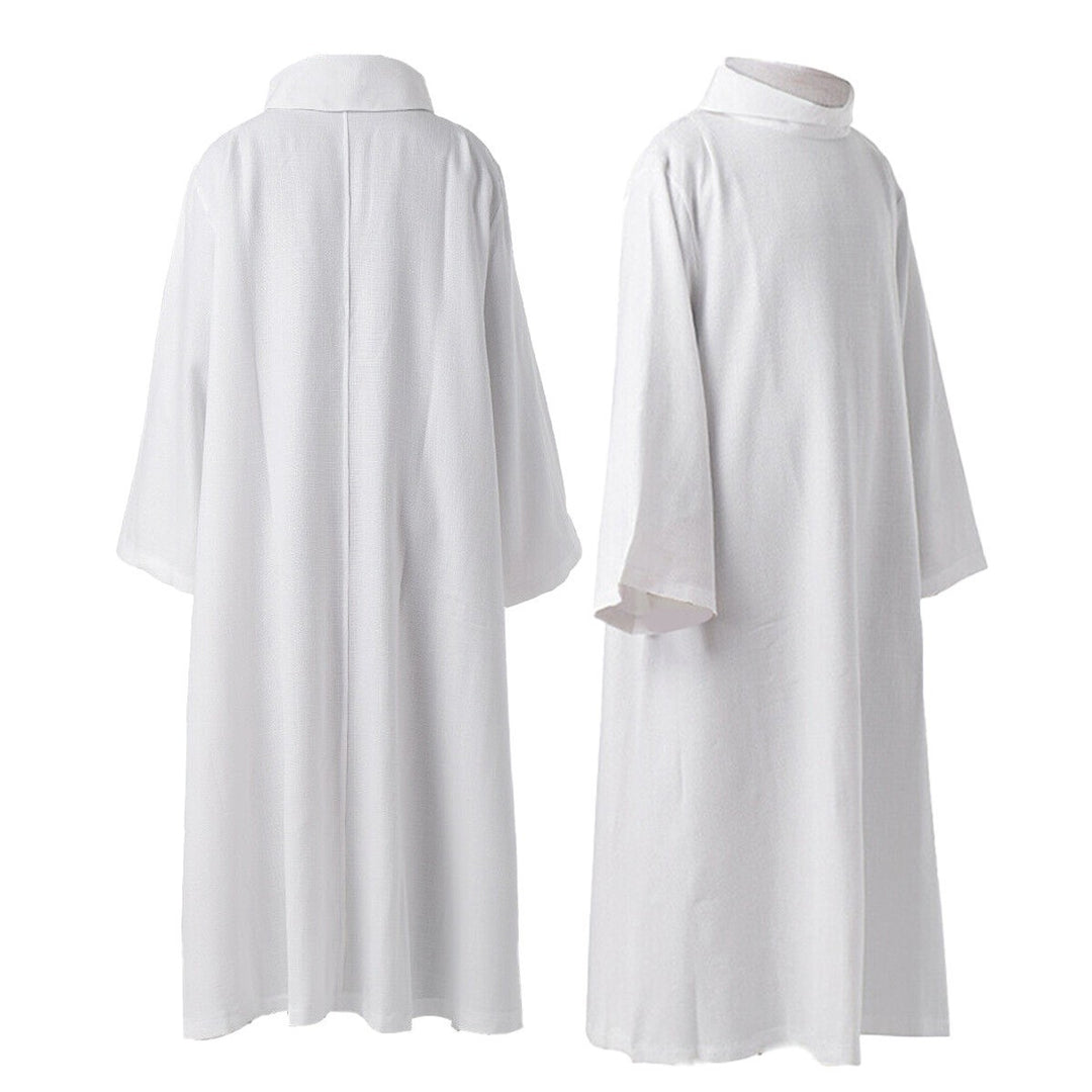 White liturgical alb surplice robe showing back view and side view on invisible mannequin, high stand collar, wide bat-wing sleeves, center back seam, white background