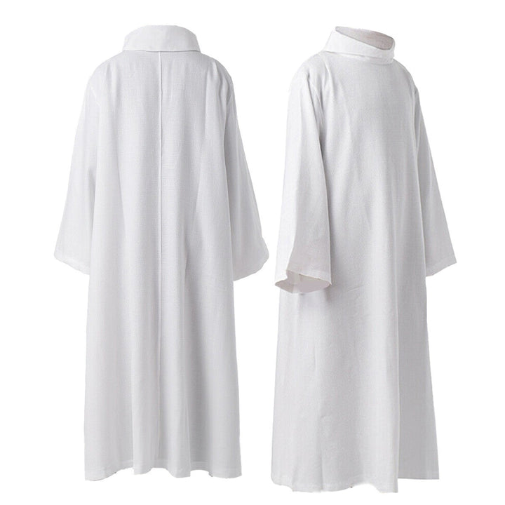 White liturgical alb surplice robe showing back view and side view on invisible mannequin, high stand collar, wide bat-wing sleeves, center back seam, white background