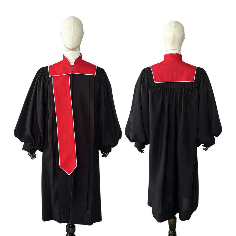 Black choir robe with red square yoke panel, white piping trim, red front stole panel, bishop puff sleeves, front and back view on mannequins