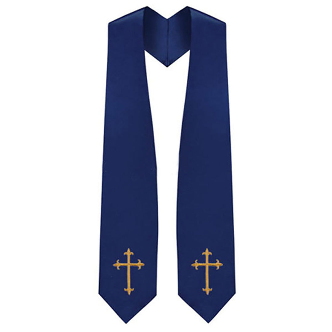 Red clergy graduation stole with gold cross embroidery on both panels