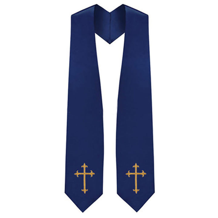 Red clergy graduation stole with gold cross embroidery on both panels