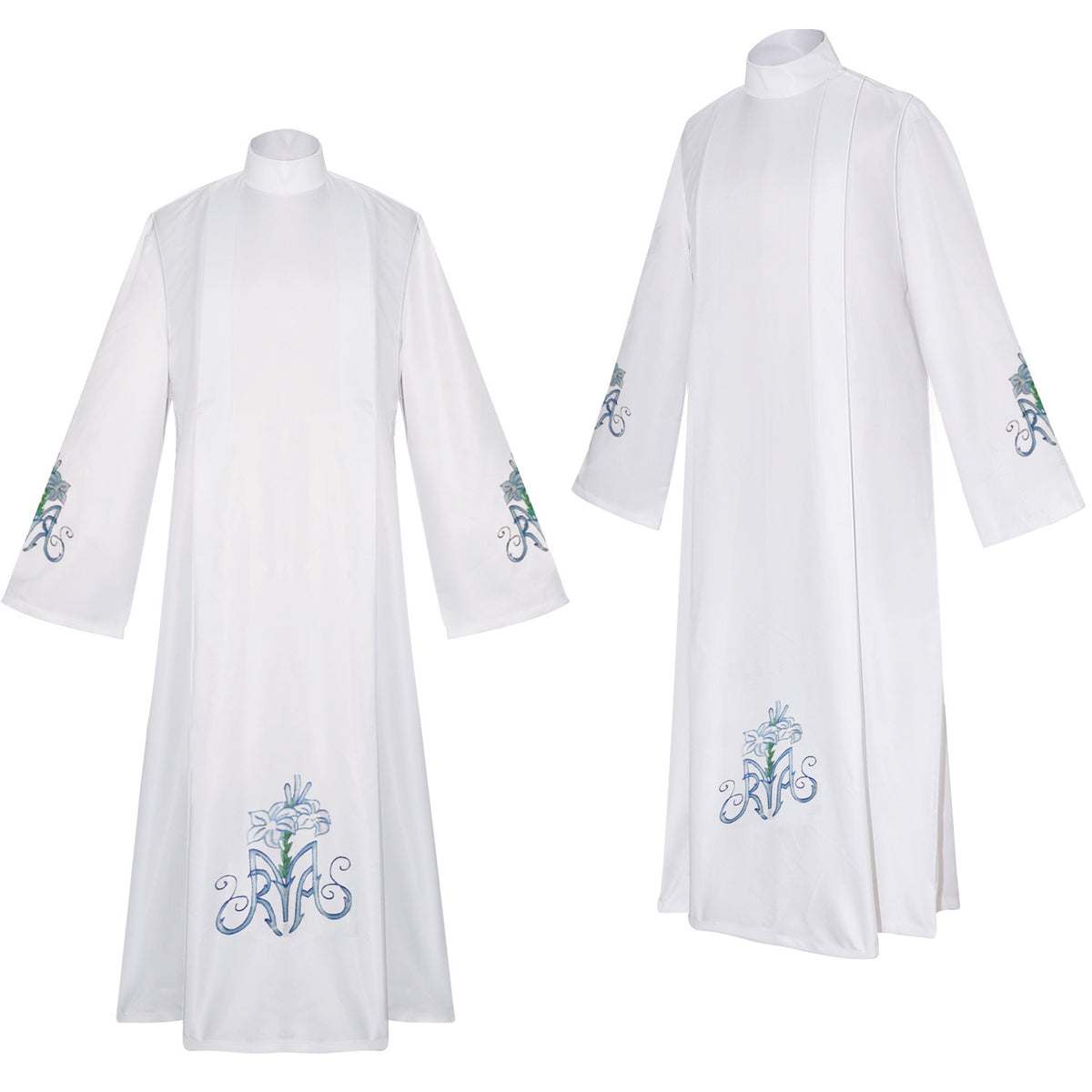 White Marian lily alb robe front and side view showing blue AM monogram lily embroidery on hem and sleeve cuffs, white background