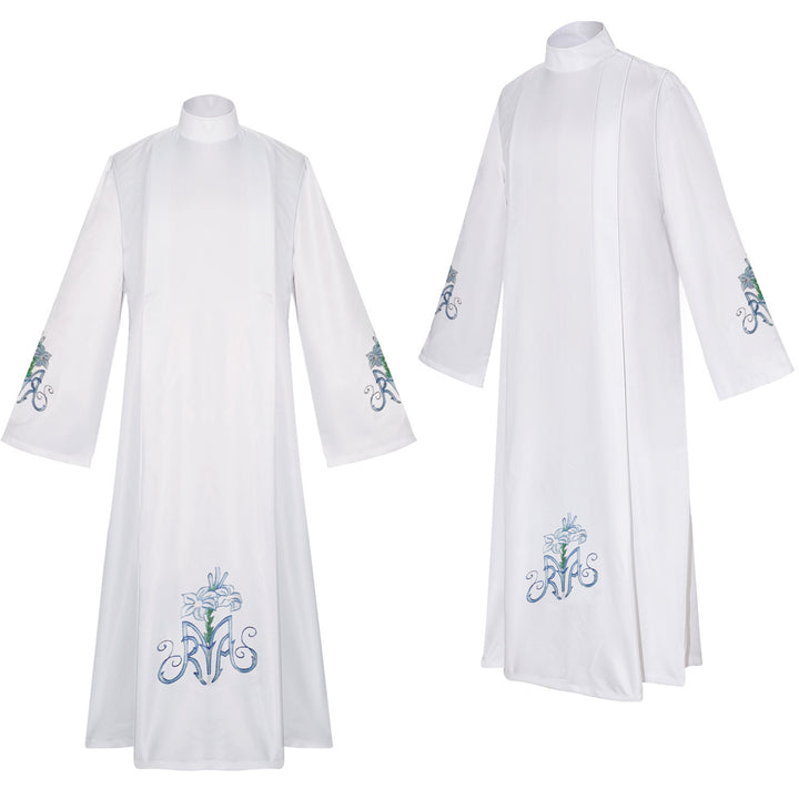 White Marian lily alb robe front and side view showing blue AM monogram lily embroidery on hem and sleeve cuffs, white background