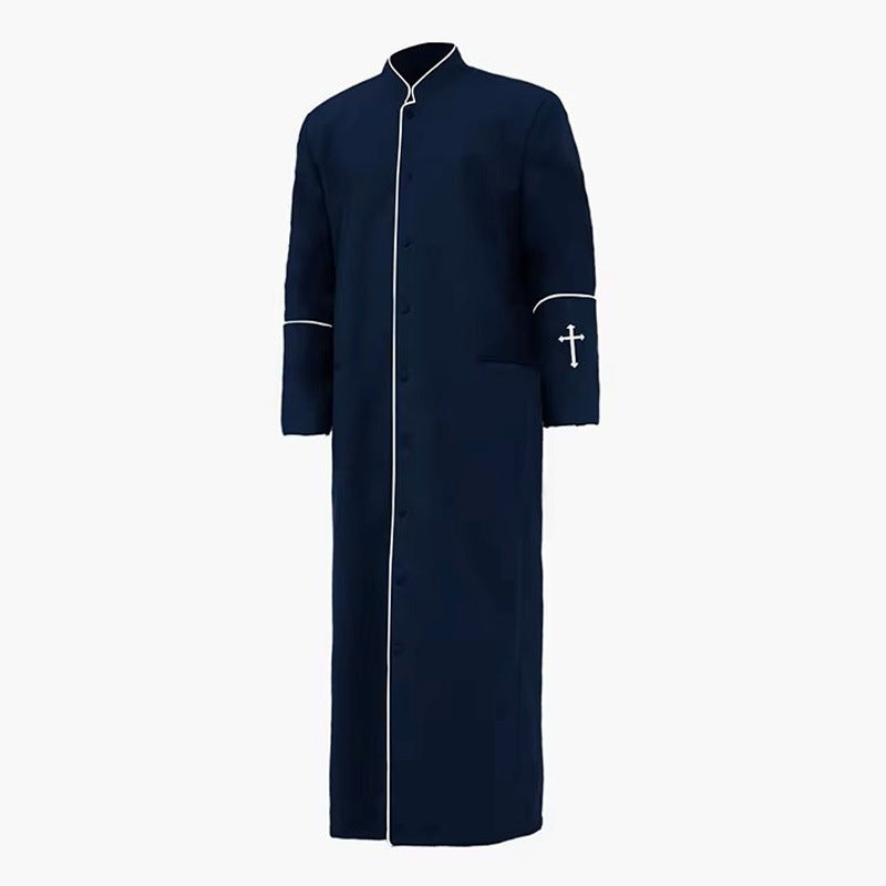 Dark navy clergy cassock robe with white piping trim and cross embroidery on sleeve, stand collar, product view, white background