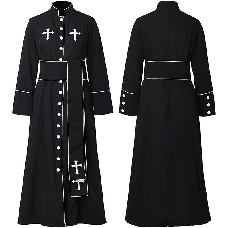 Black clergy cassock robe front and back view showing stand collar, white button front, white cross embroidery on chest, white piping trim, waist belt, hanging stole with cross embroidery, flared cuffs with white buttons, white background