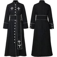 Clergy Cassock Robe with Stole & Belt | Stand Collar Cross Embroidery | Black White | Church Choir Cosplay Stage | S-XXL | 800g