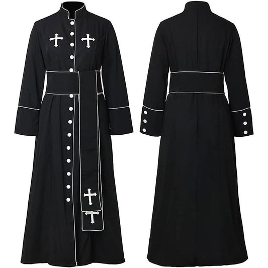 Black clergy cassock robe front and back view showing stand collar, white button front, white cross embroidery on chest, white piping trim, waist belt, hanging stole with cross embroidery, flared cuffs with white buttons, white background