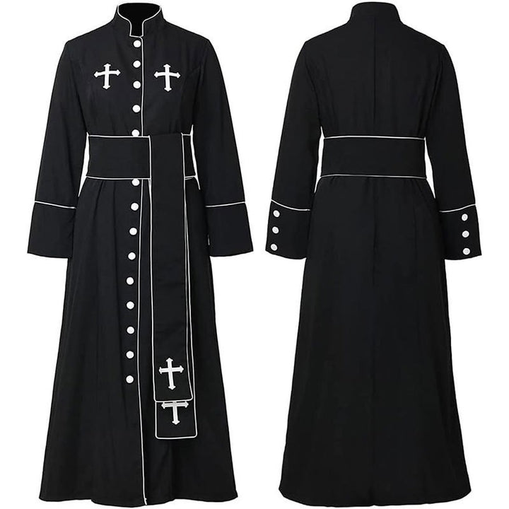 Black clergy cassock robe front and back view showing stand collar, white button front, white cross embroidery on chest, white piping trim, waist belt, hanging stole with cross embroidery, flared cuffs with white buttons, white background