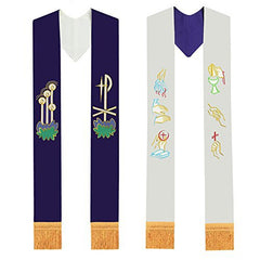 Reversible Clergy Stole with Tassels | Purple & White Embroidery | Pastor Priest Mass Choir | One Size | 50g