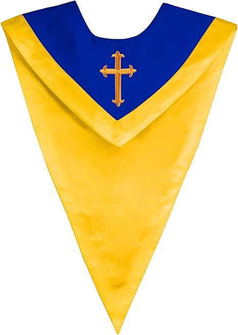 Gold and royal blue two-tone V-shaped choir stole with cross embroidery on blue yoke, product flat lay, white background