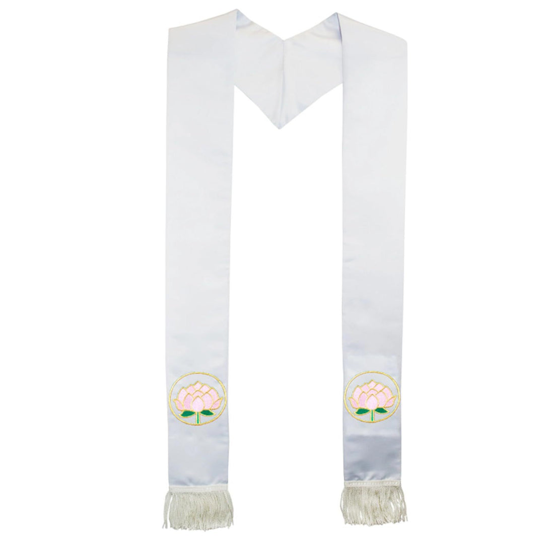 White satin clergy stole with pink lotus flower gold ring embroidery on both panels and white fringe tassels at ends, V-shape drape