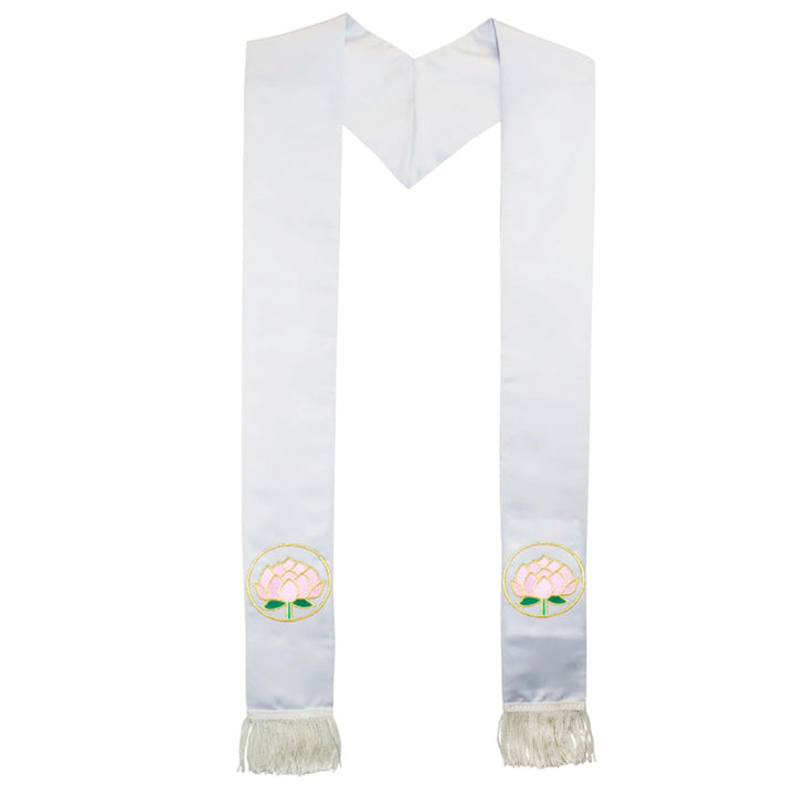 White satin clergy stole with pink lotus flower gold ring embroidery on both panels and white fringe tassels at ends, V-shape drape
