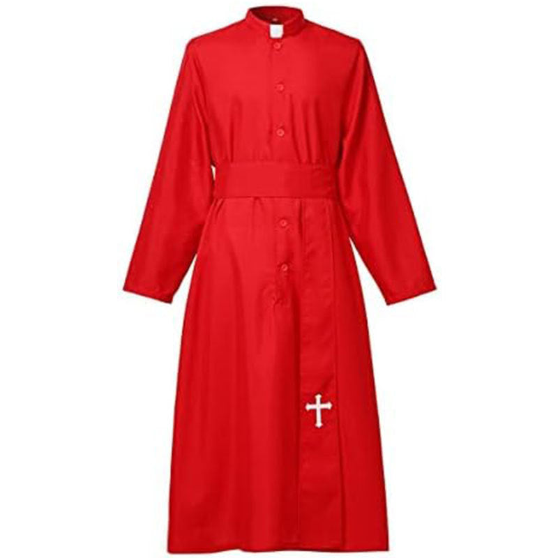Red Catholic cassock robe with white clerical collar insert, front buttons, red waist sash, and white cross embroidery at lower hem