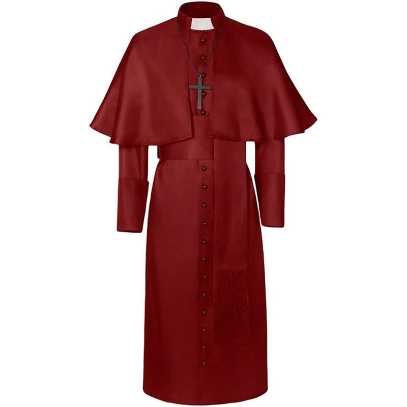 Wine red clergy cape cassock robe set with shoulder cape, waist belt and black cross necklace, front view, white background