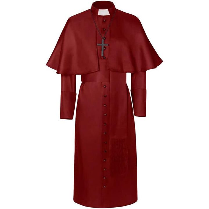 Wine red clergy cape cassock robe set with shoulder cape, waist belt and black cross necklace, front view, white background