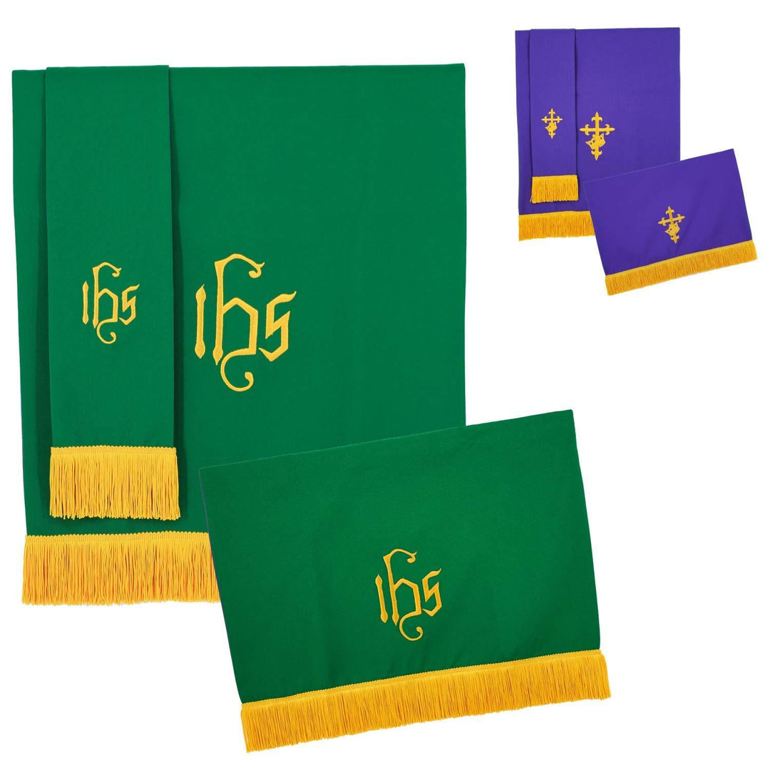 3-piece liturgical pulpit parament set in green with IHS embroidery and purple with cross embroidery, gold fringe, white background