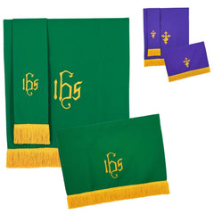 Liturgical Pulpit Parament Set 3-Piece | IHS & Cross Embroidery | Green & Purple | Gold Fringe | Church Altar Decor