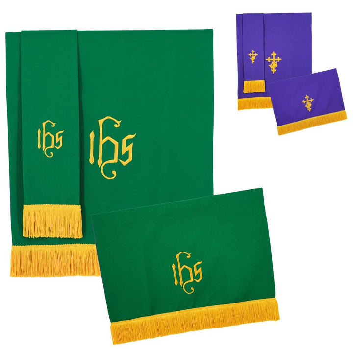 3-piece liturgical pulpit parament set in green with IHS embroidery and purple with cross embroidery, gold fringe, white background