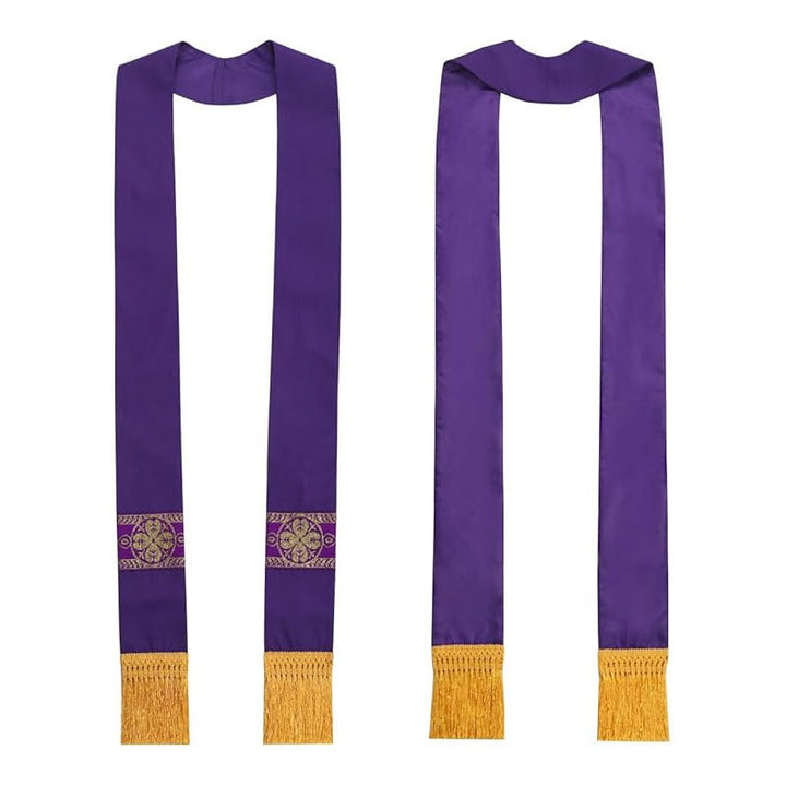 Purple clergy stole showing front and back view with gold brocade cross rosette band and gold fringe hem, white background