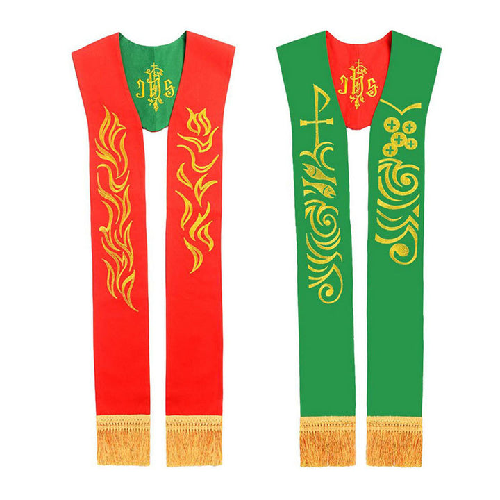 Reversible clergy stole set showing red side with gold flame embroidery and green side with gold Celtic vine cross embroidery, both with IHS emblem and gold fringe ends