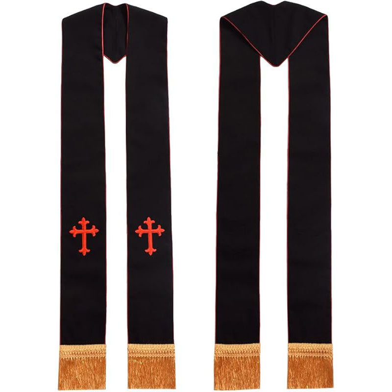 Black clergy stole with gold floret cross embroidery and gold fringe, front and back view, white background