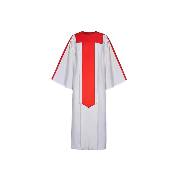 White and red two-tone choir robe showing red round neckline, center panel and sleeve trim, front flat view, white background