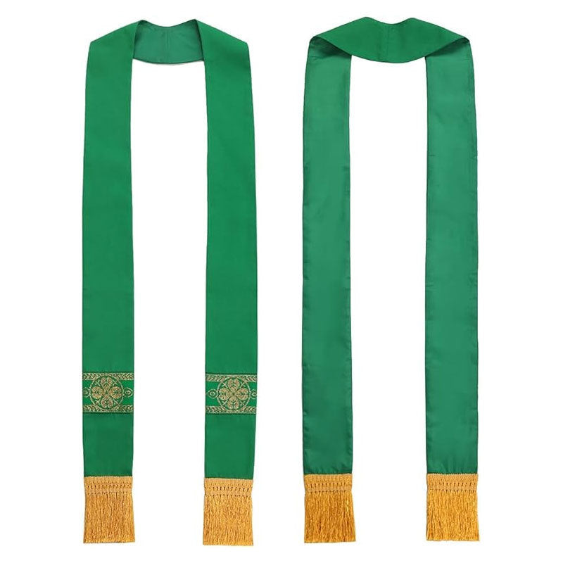 Green clergy stole showing front and back view with gold brocade cross rosette band and gold fringe hem, white background