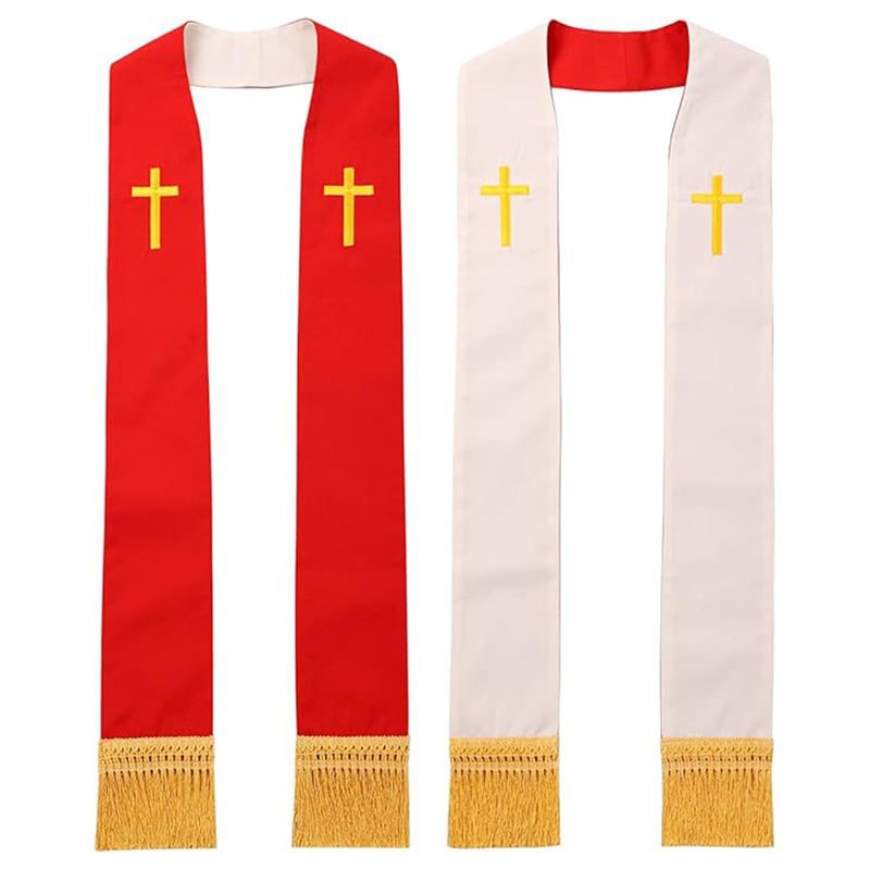 Burgundy White Reversible Clergy Stole with Gold Cross Embroidery
