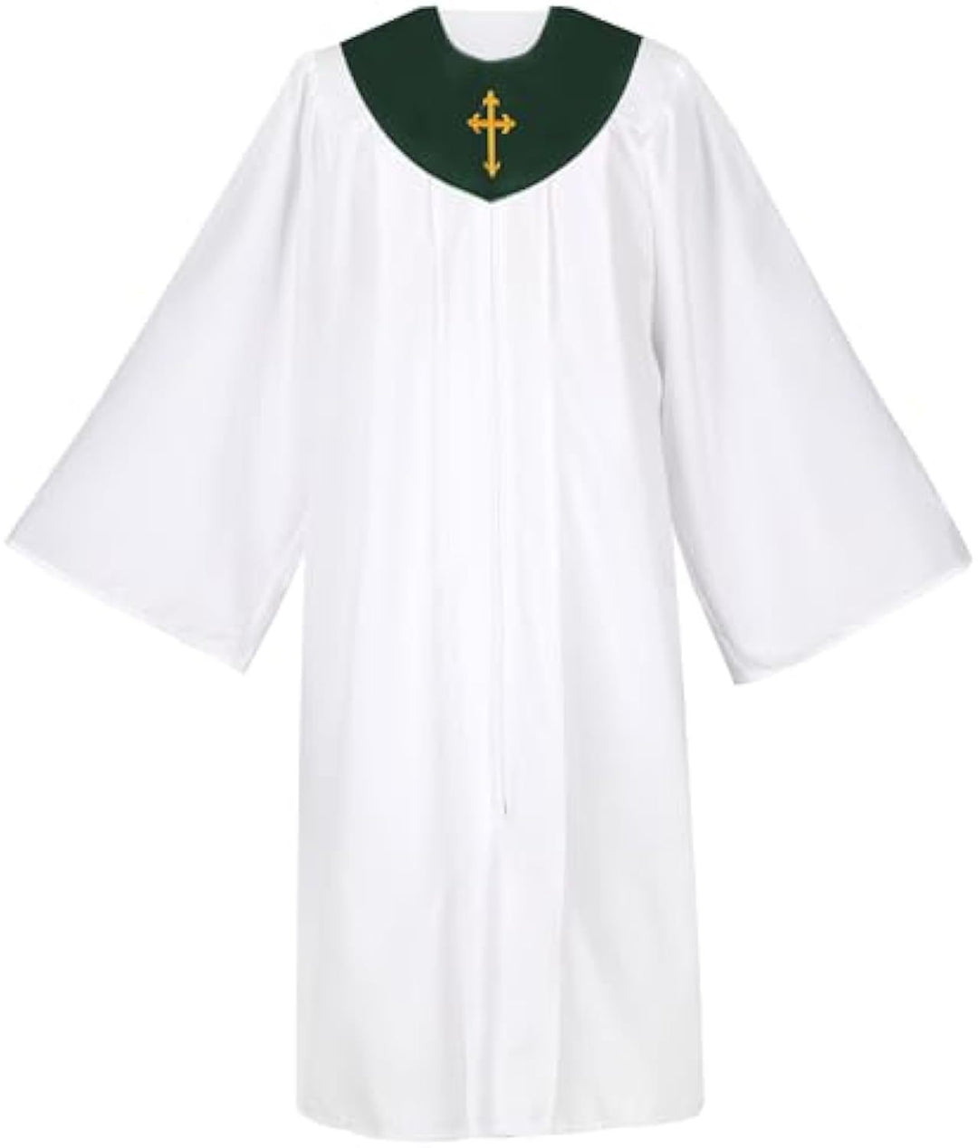 White Church Choir Robe with Purple V-Neck Yoke and Gold Cross Embroidery