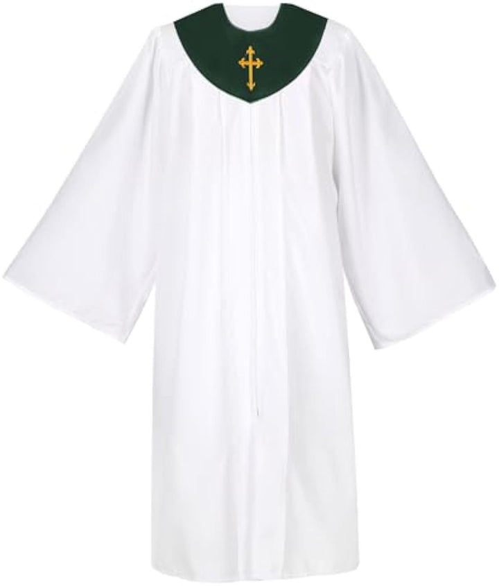 White Church Choir Robe with Purple V-Neck Yoke and Gold Cross Embroidery