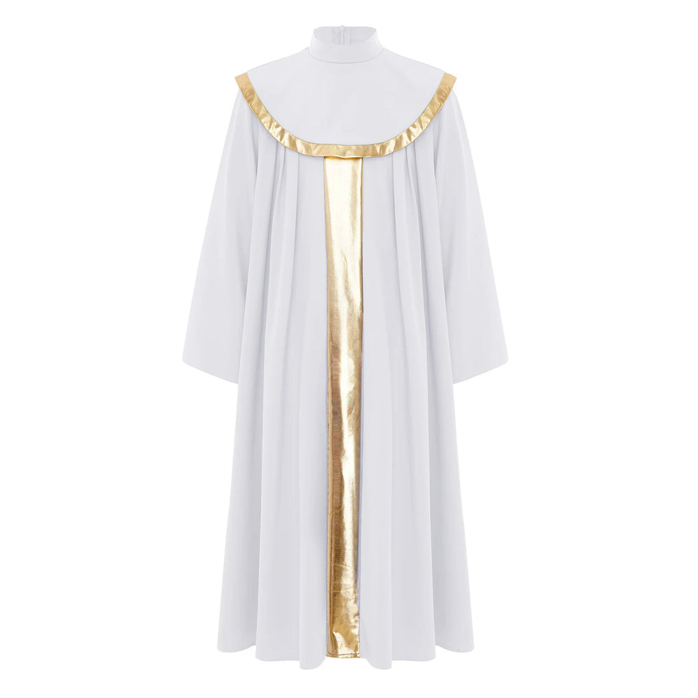 Blue children's choir robe with gold center stripe and gold cape collar trim, front view, white background