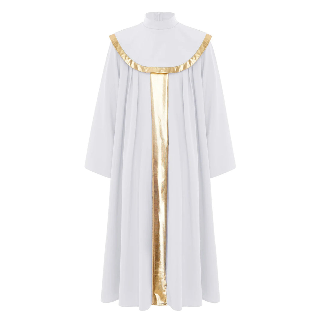 Blue children's choir robe with gold center stripe and gold cape collar trim, front view, white background