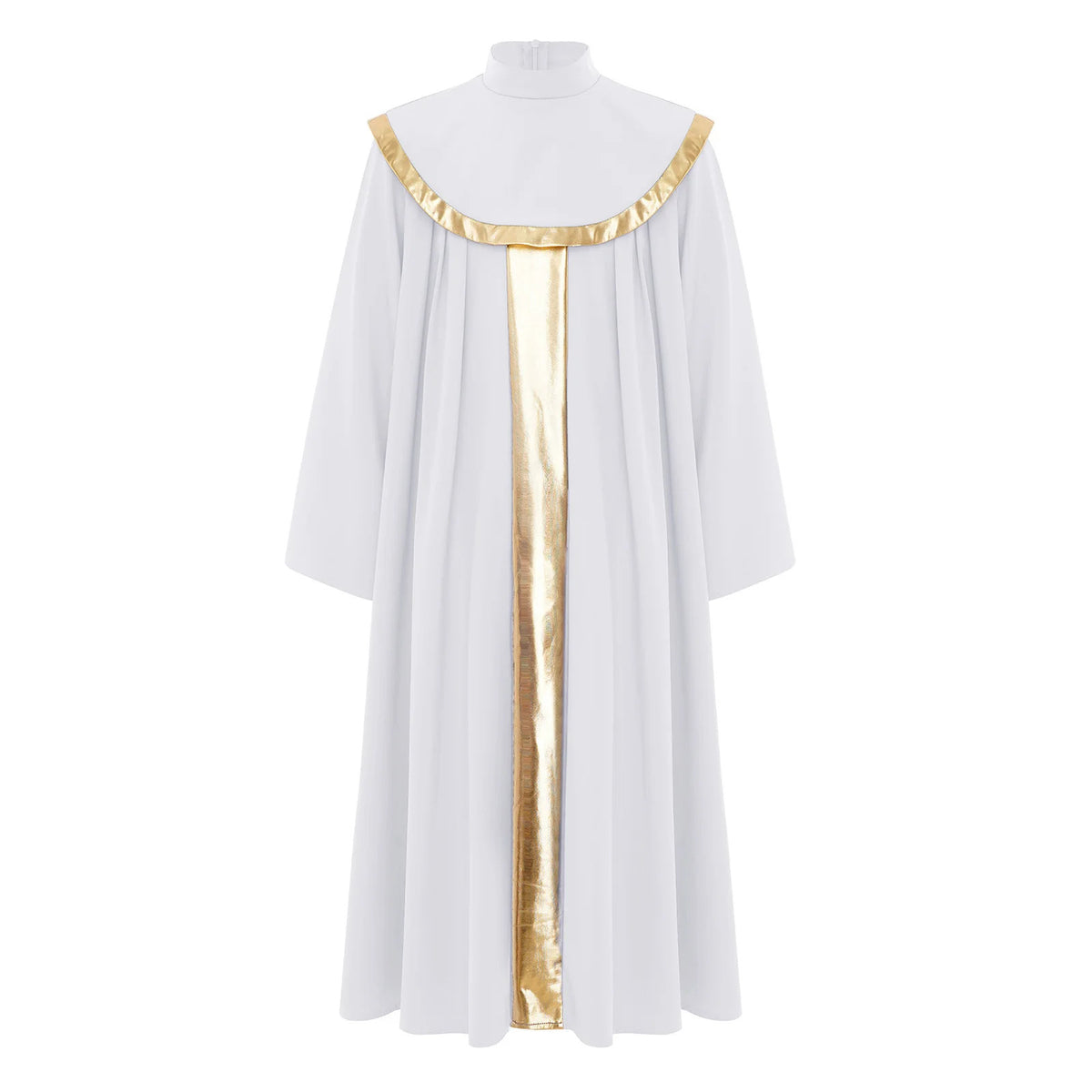 Blue children's choir robe with gold center stripe and gold cape collar trim, front view, white background