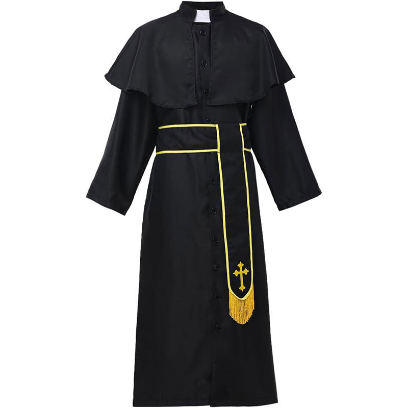 Black Catholic priest cassock with cape collar and gold cross stole, product flat lay, white background