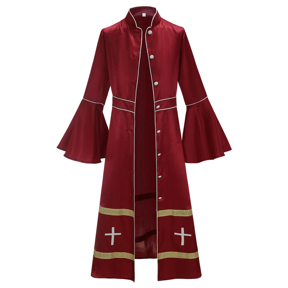 Wine red clergy mission robe with bell sleeves, gold brocade band, white cross applique and white piping trim, white background