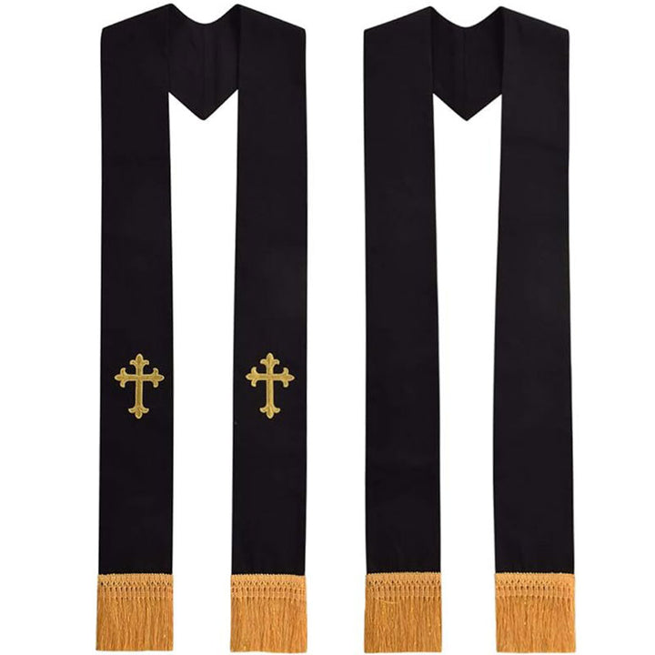 Black clergy stole with gold ornate cross embroidery and gold fringe, front and back view, white background