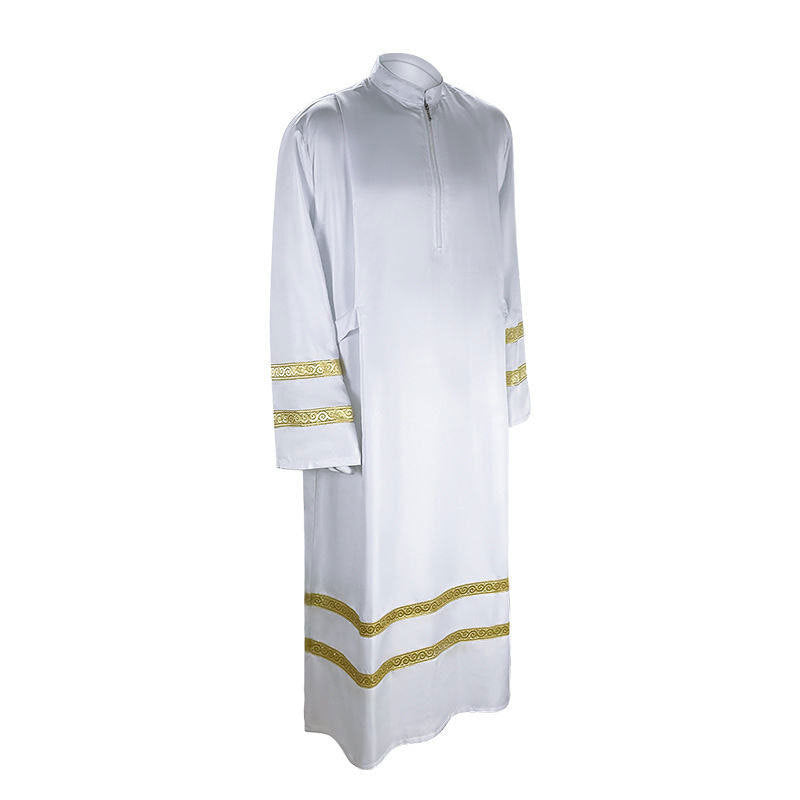 Style A white liturgical alb robe with gold braid trim bands at sleeves and hem, half-zip stand collar, white background