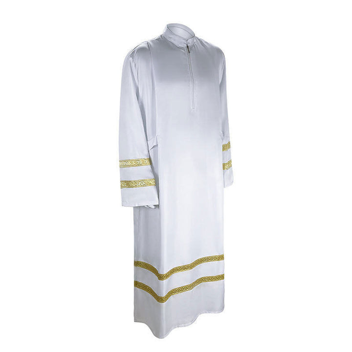 Style A white liturgical alb robe with gold braid trim bands at sleeves and hem, half-zip stand collar, white background