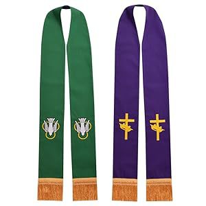 Green and purple reversible clergy stole with Holy Spirit dove and cross gold embroidery and gold fringe tassels, product view, white background