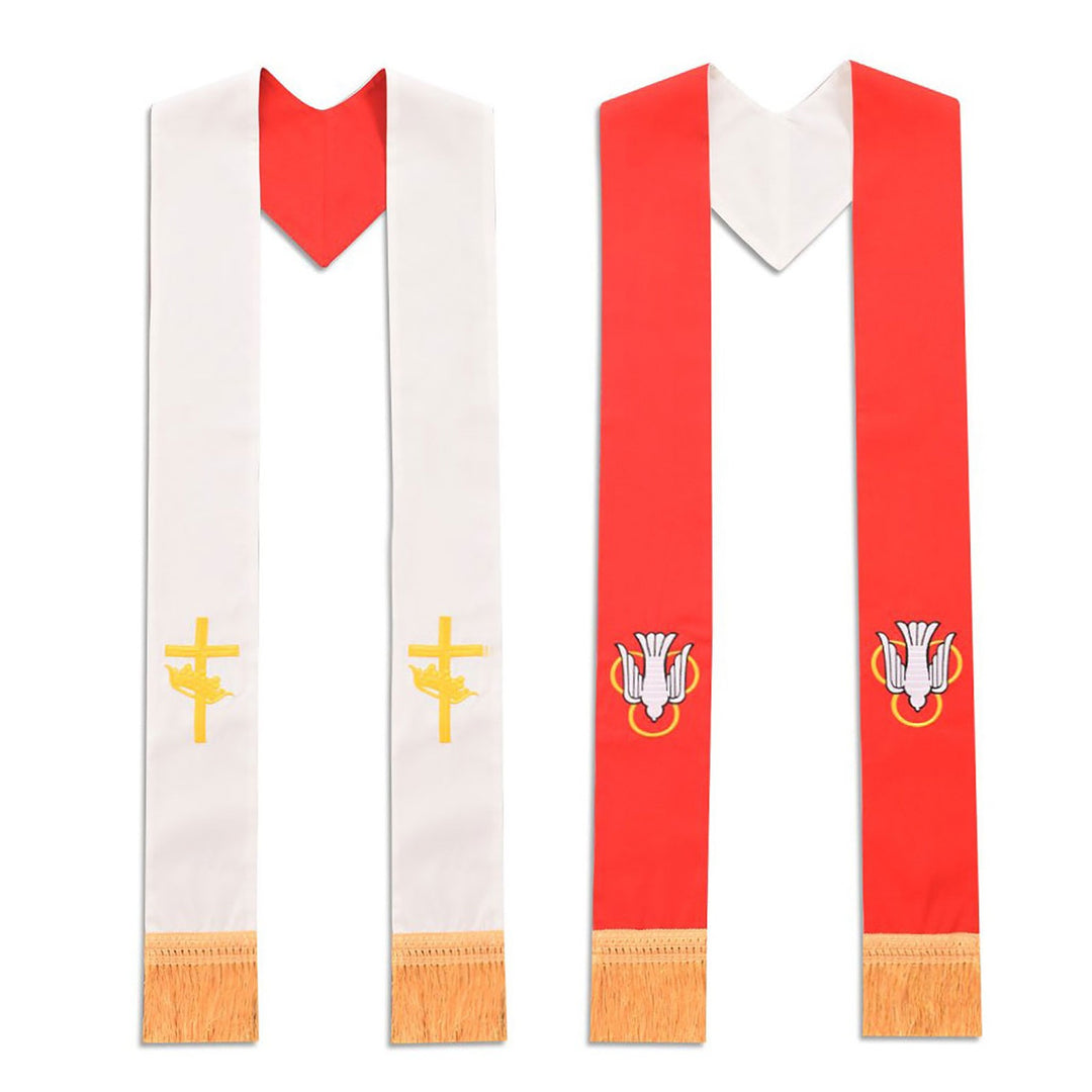 White Red Pointed Collar Clergy Stole with Gold Cross Embroidery