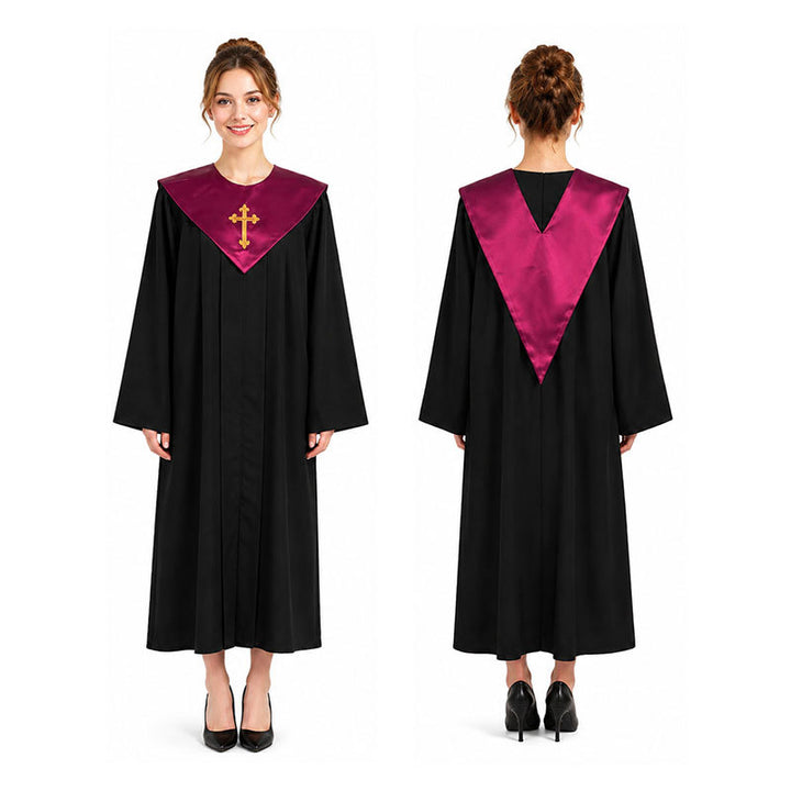 Black church choir robe with magenta V-yoke collar and cross embroidery, front and back view, white background