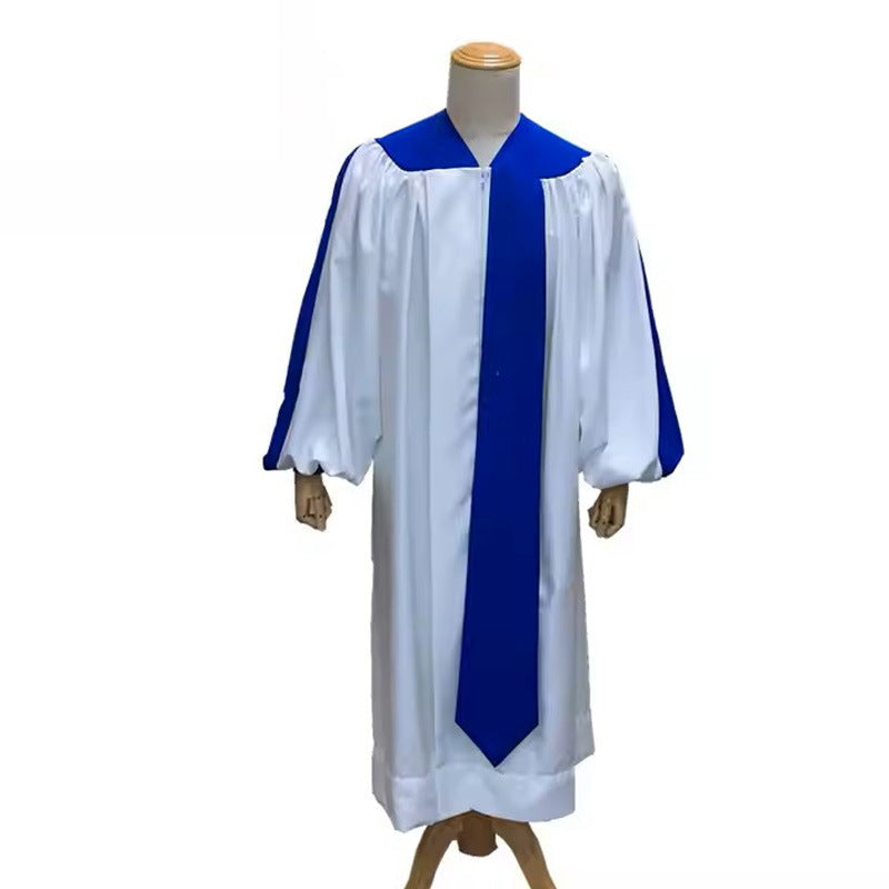 White and royal blue choir robe on mannequin showing front view, blue square yoke collar, blue center front stripe, puff sleeves with blue cuff trim, white hem band, white background