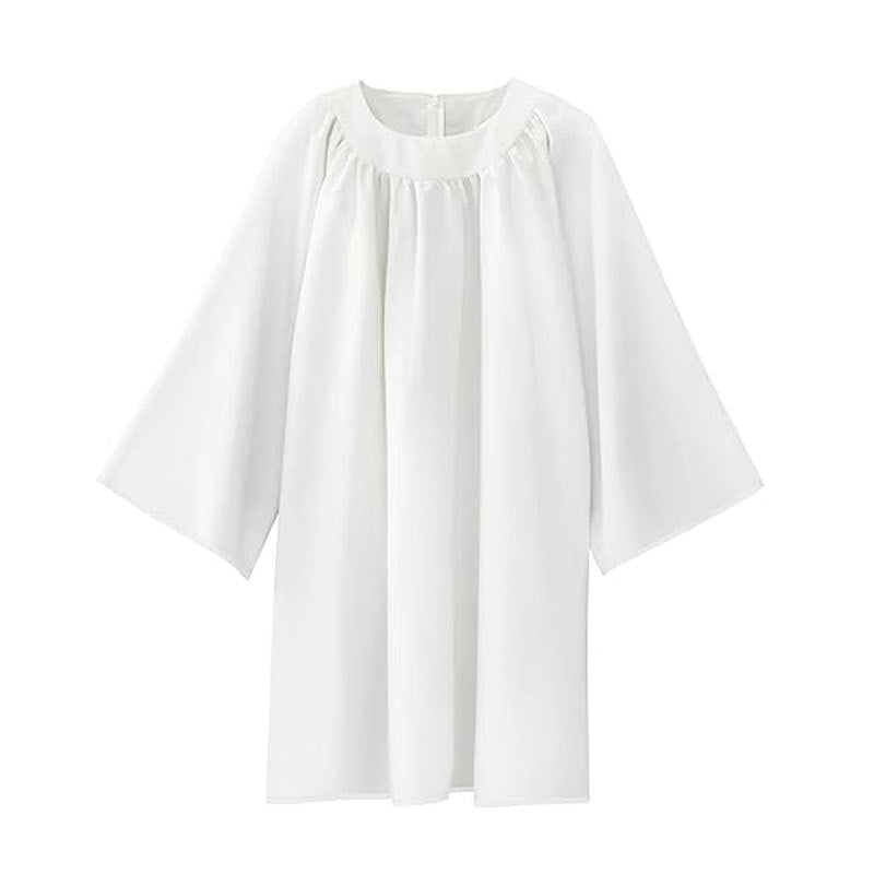 White matte choir robe with round neckline front pleats and wide bell sleeves, pure white background