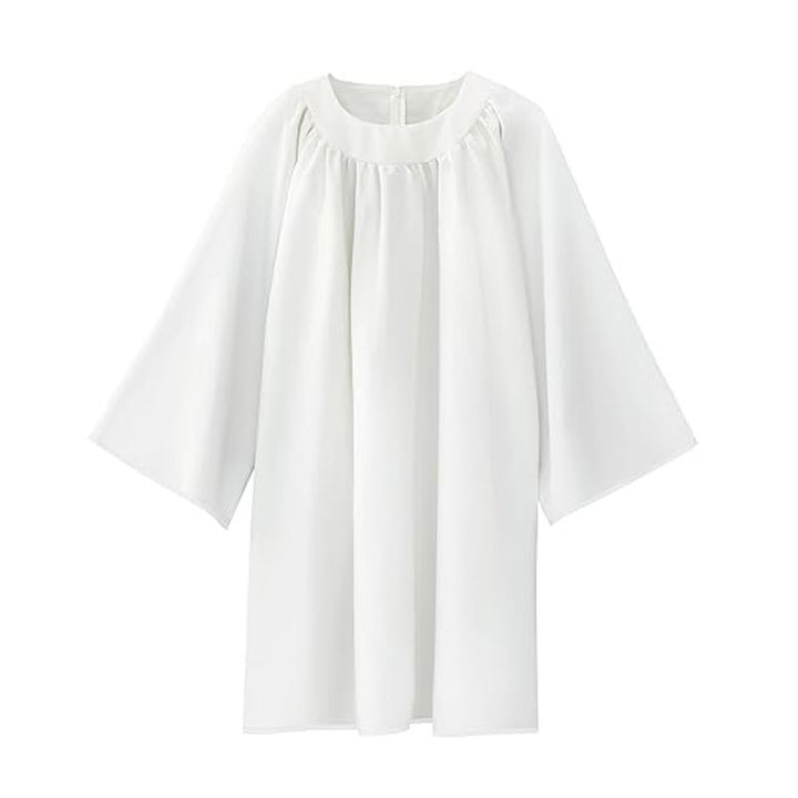 White matte choir robe with round neckline front pleats and wide bell sleeves, pure white background